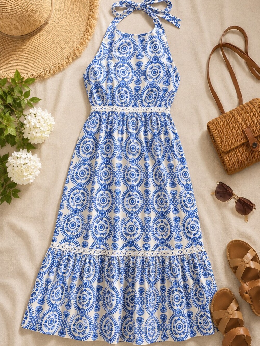 Blue & White Halter Midi Dress | Embroidered Look Print | Cottagecore Coastal